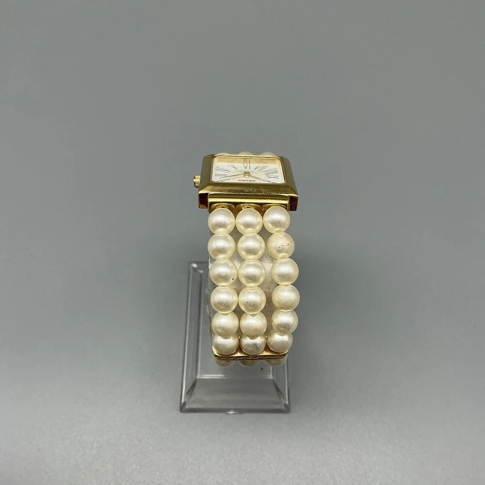Gruen Womens Watch 22mm Square MOP Faux Pearl Band Gold Tone New Battey 7.25
